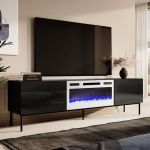 SLIDE K 200 CAMA MEBLE Тумба ТВ чорний/чорний глянець/чорні ніжки з білим електрокаміном