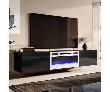 SLIDE K 200 CAMA MEBLE Тумба ТВ навесная черный/черный глянец с белым электрокамином SLIDE K 200 CAMA MEBLE Тумба ТВ навесная черный/черный глянец с белым электрокамином